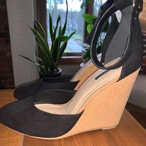Black Faux Suede Cork Platform Wedges